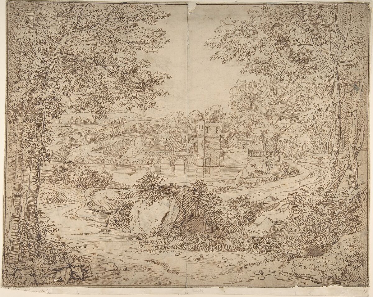 Ancient buildings next to water in the woods (recto); A variation of the same landscape in reverse (verso), Robert Adam (British, Kirkcaldy, Scotland 1728–1792 London), Pen and brown ink, over graphite (recto); pen and brown ink (verso) 