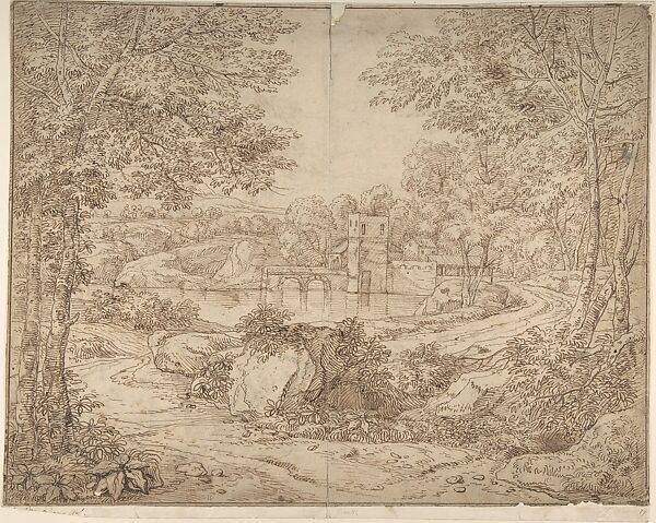 Ancient buildings next to water in the woods (recto); A variation of the same landscape in reverse (verso)