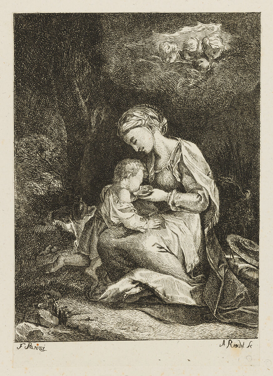 The Virgin and Christ Child in a rural landscape, with four putti gazing down through clouds, after Barocci, Johann Anton Riedel (Swiss, 1736–1816), Etching 