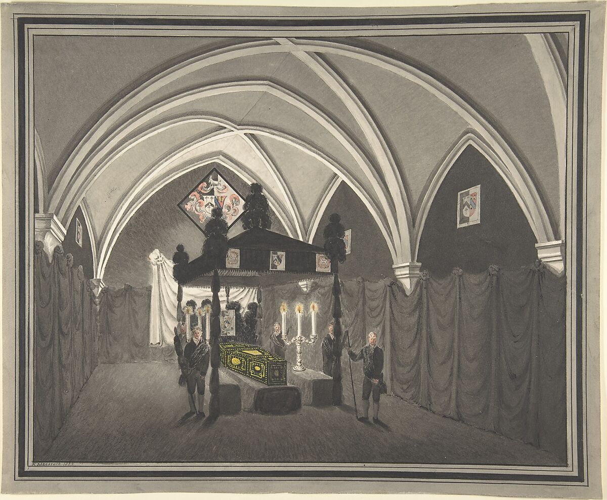 Vaulted Interior with Catalfalque, Coffin and Attendants, Robert Mackreth (British, 1766–1860), Brush and gray and black ink with watercolor 