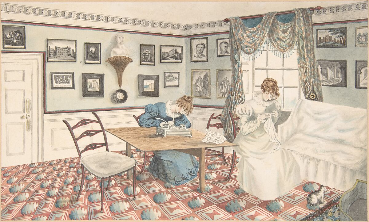 Two young women writing and sewing in an interior at Hatton, Warwickshire, Attributed to Granddaughters of Dr. Samuel Parr (British, active 1800–30), Watercolor 