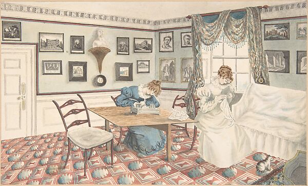 Two young women writing and sewing in an interior at Hatton, Warwickshire