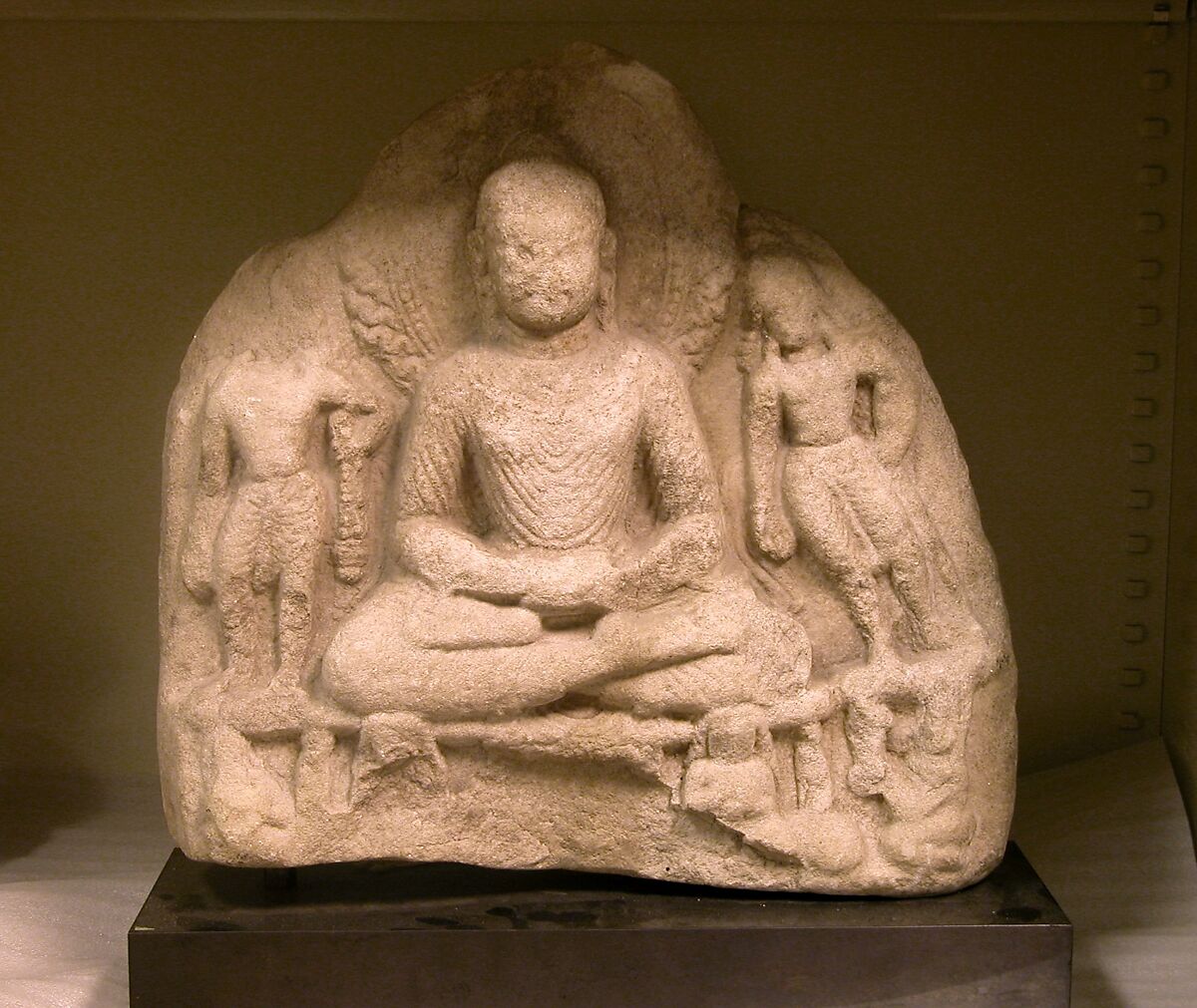 Meditating Buddha Attended by Two Bodhisattvas, Marble, Pakistan (Swat Valley) 