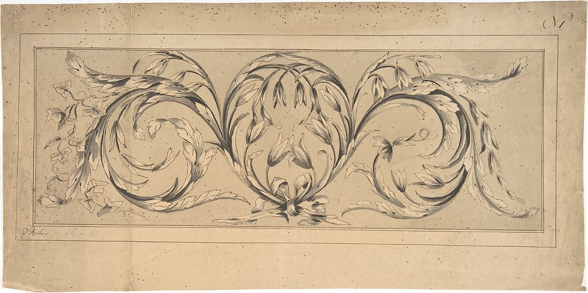 Design for Frieze of Foliage, Thomas Pether (British, active 1770s), Pen and ink, brush and wash, over graphite 