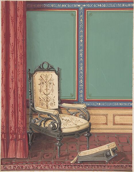 Interior Design with a Cream and Gray Chair, Red Curtain and Rug and Green, Blue and Red Panelled Wall, A. Kaufmann (British, late 19th century), Gouache 