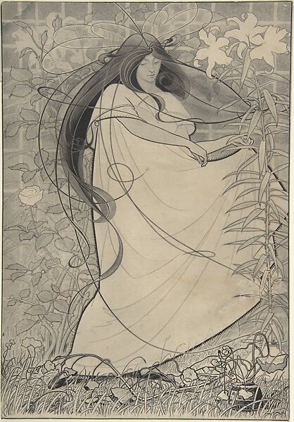 Girl in a Flowing Dress Surrounded by Roses, Lilies and Nasturtiums, Anonymous, British, late 19th to early 20th century, Pen and ink, brush and wash over graphite 