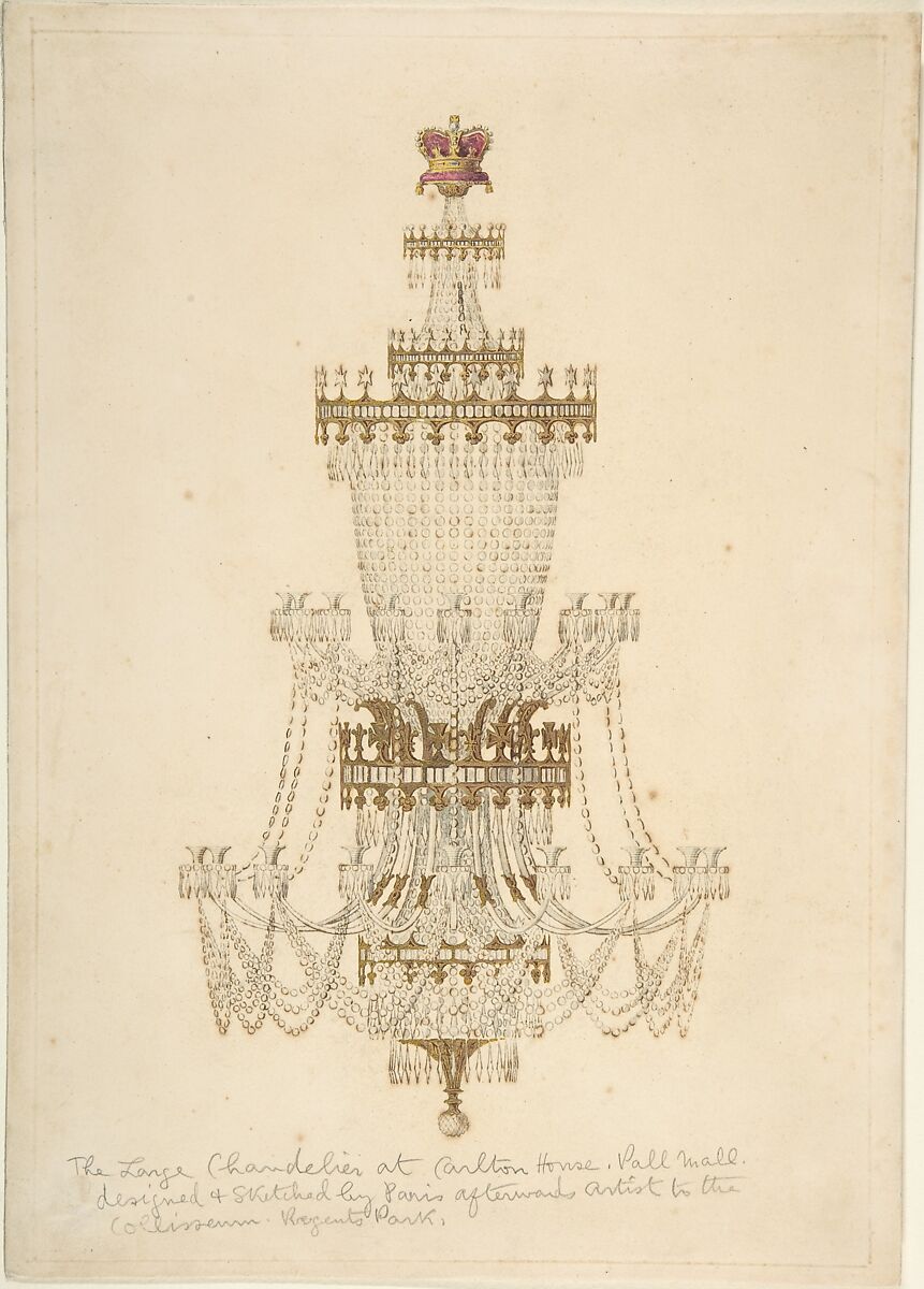 Large Chandelier at Carlton House, Pall Mall, Edmund Thomas Parris (British, Middlesex 1793–1873 London), Pen and ink, brush and wash and watercolor 