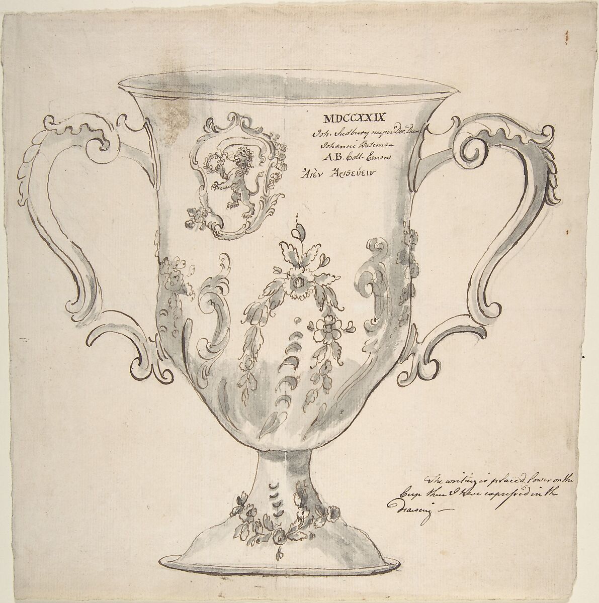 A Silver Urn, inscribed "MDCCXXIX...John Sudbury...Johanni Bateman", Anonymous, British, 19th century, Pen and ink, brush and gray wash 