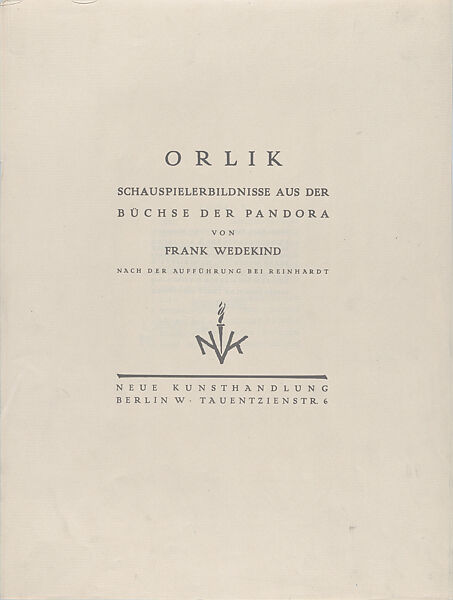 Title Page and Index for Theatrical Portraits from the "Pandora's Box" of Frank Wedekind, Emil Orlik (Austro-Hungarian, Prague 1870–1932 Berlin), Lithograph 