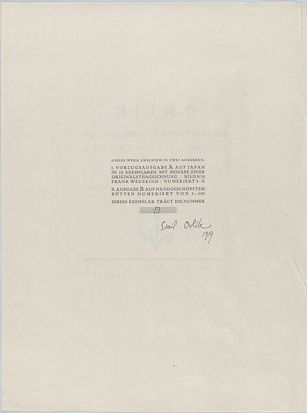 Title Page and Index for Theatrical Portraits from the "Pandora's Box" of Frank Wedekind, Emil Orlik (Austro-Hungarian, Prague 1870–1932 Berlin), Lithograph