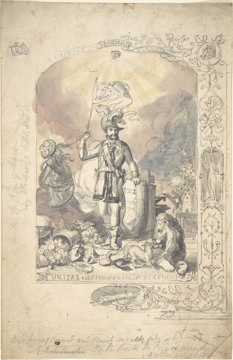 Design for the Ancient Order of Foresters: "Unity, Benevolence and Concord", Anonymous, British, 19th century, Pen and ink, brush and wash, watercolor and gouache (bodycolor) 