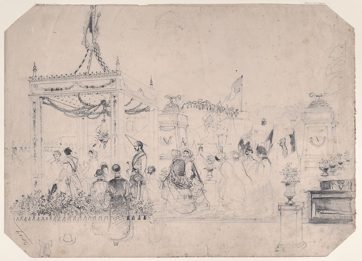 Victoria and Albert Arriving in France for a State Visit (recto); Welcome Arch (verso), Anonymous, British, 19th century, Graphite