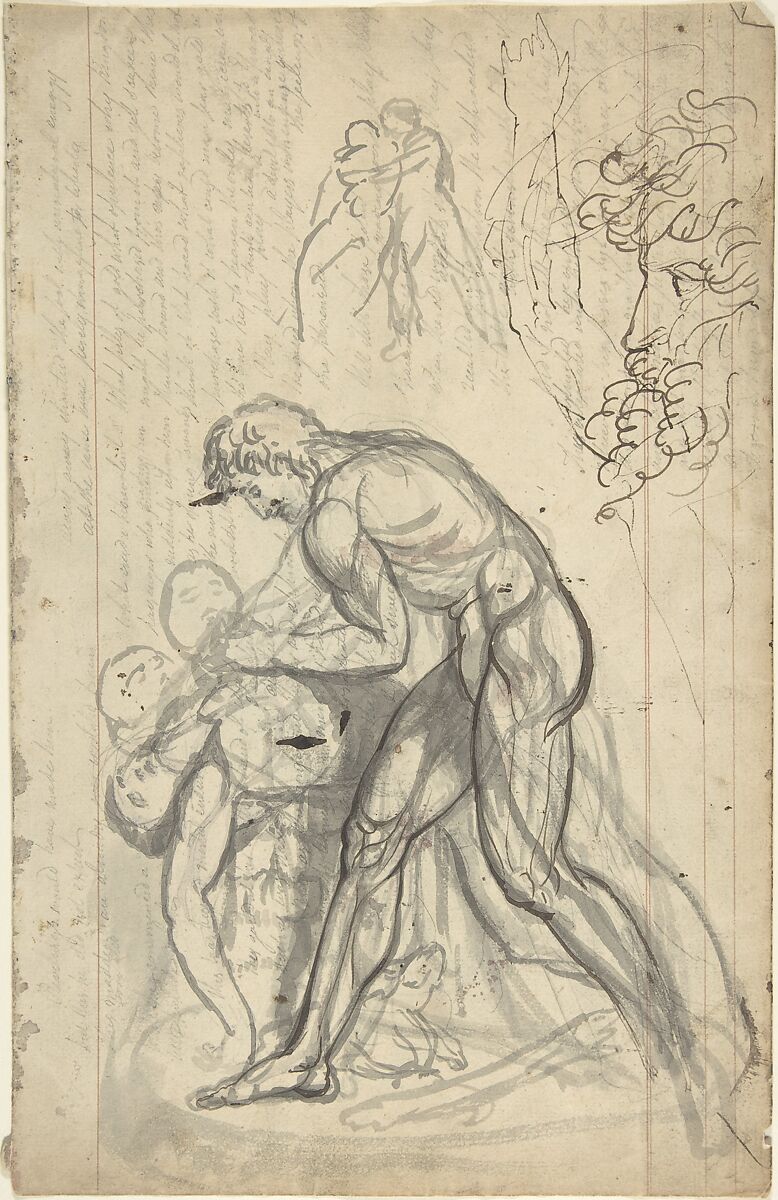 Sketchbook page with drawings of sculpture, Anonymous, British, 18th century, Pen and ink, brush and wash over graphite, with pen and ink manuscript 