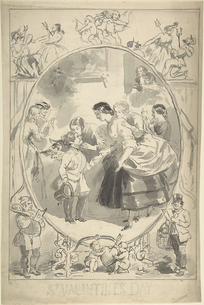 Design for the Cover of a Magazine, Valentine's Day Issue, Anonymous, British, 19th century, Pen and ink, brush and wash, over graphite 