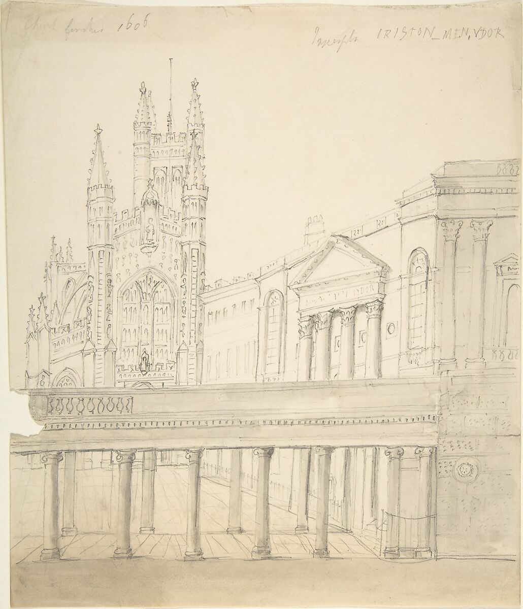 View of the Abbey and Great Pump Room at Bath, Through the Colonnade Added by Thomas Baldwin, 1786-9, Anonymous, British, 19th century, Brush and wash over graphite 