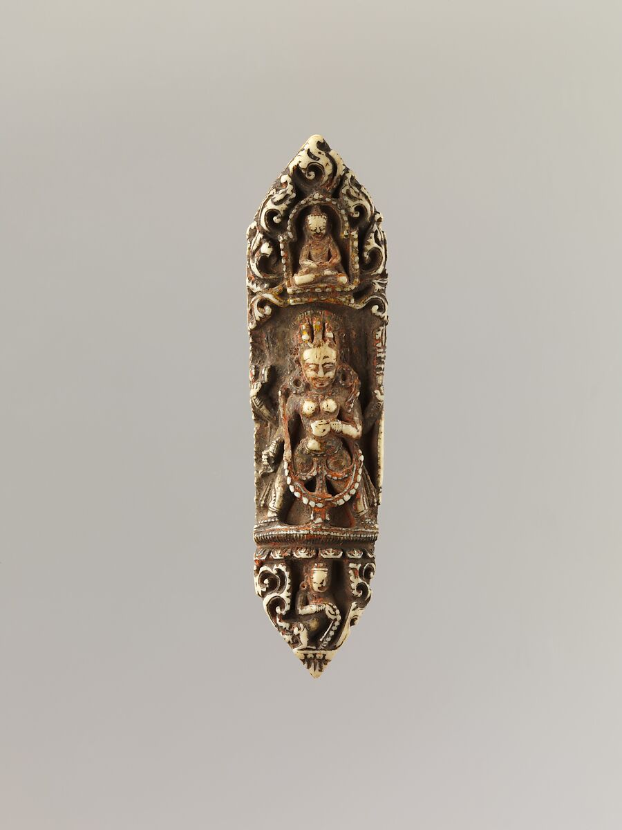 Plaque from a Tantric Ritual Apron (Chakrasamvara and Vajravarahi at Center), Bone, Nepal 