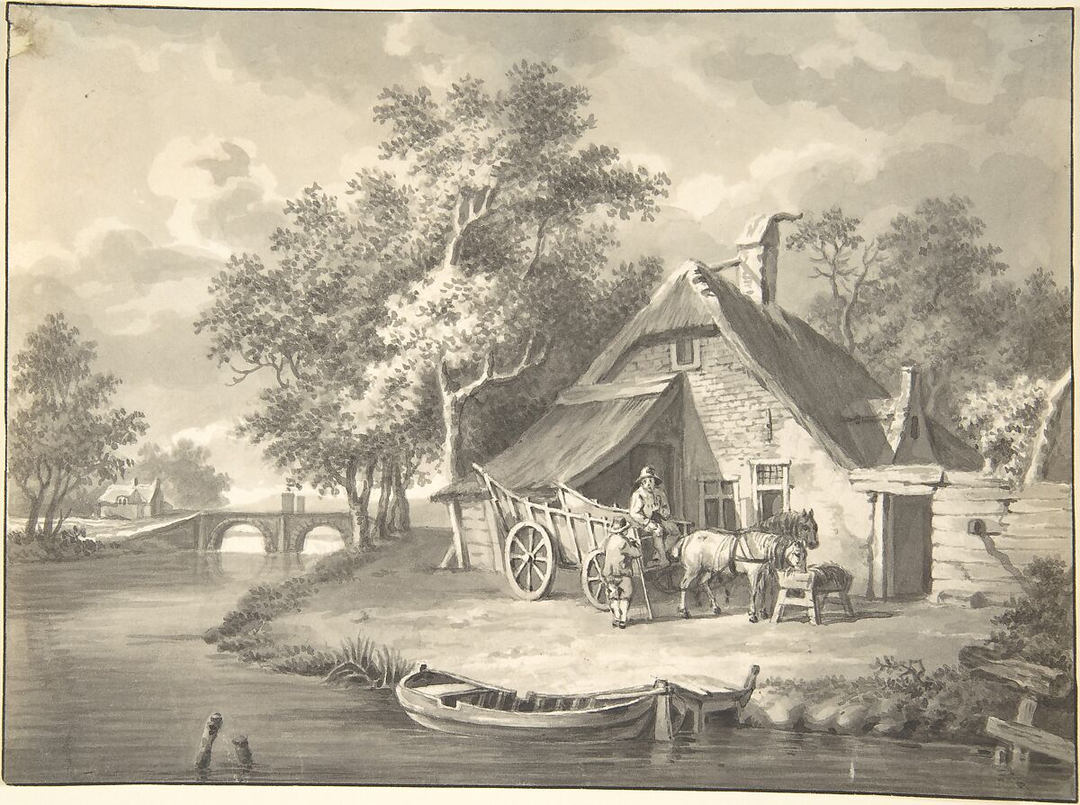 A Haywagon In front of a Cottage Beside a Stream, Anonymous, British, 19th century, Pen and ink, brush and wash 