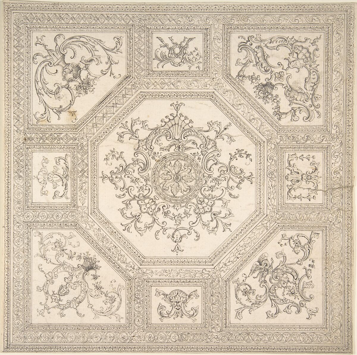 Palladian Ceiling Design, Anonymous, British, 18th century, Pen and ink 