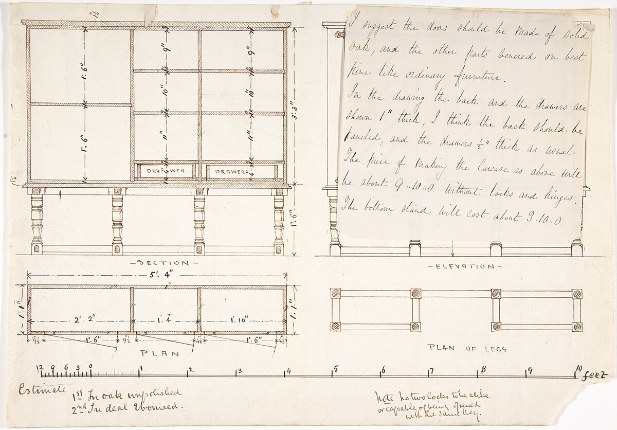 Design for a Wood Desk and Shelves, Anonymous, British, 19th century, Pen and brown ink
