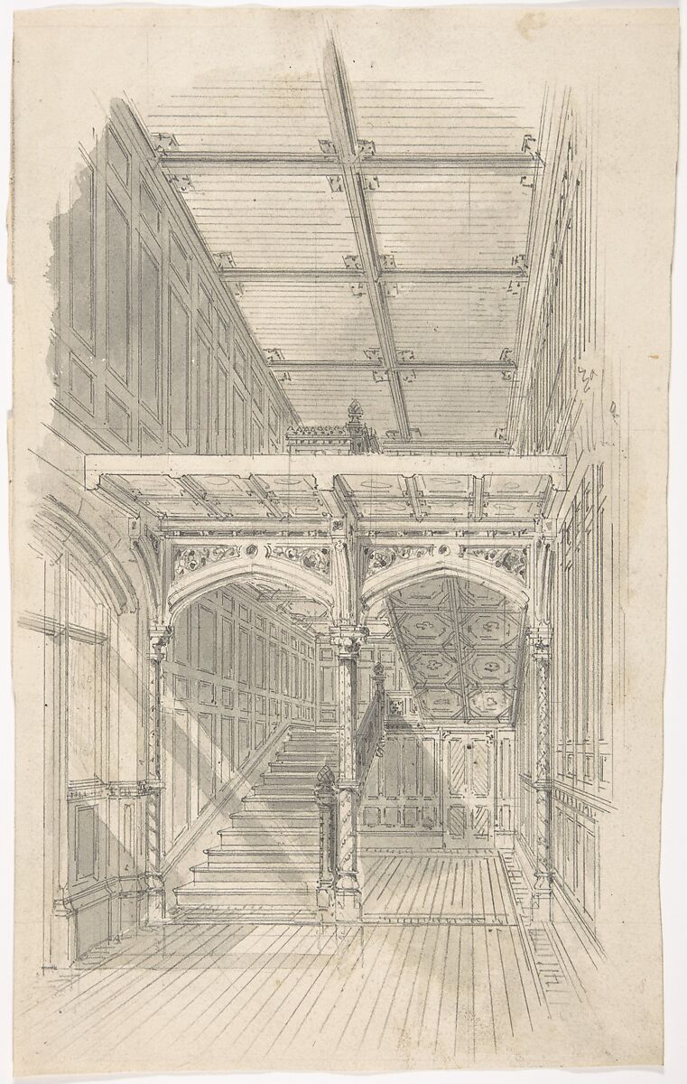 Design for a Tudor Paneled Hall and Staircase, Anonymous, British, 19th century, Graphite, pen and ink, brush and wash 
