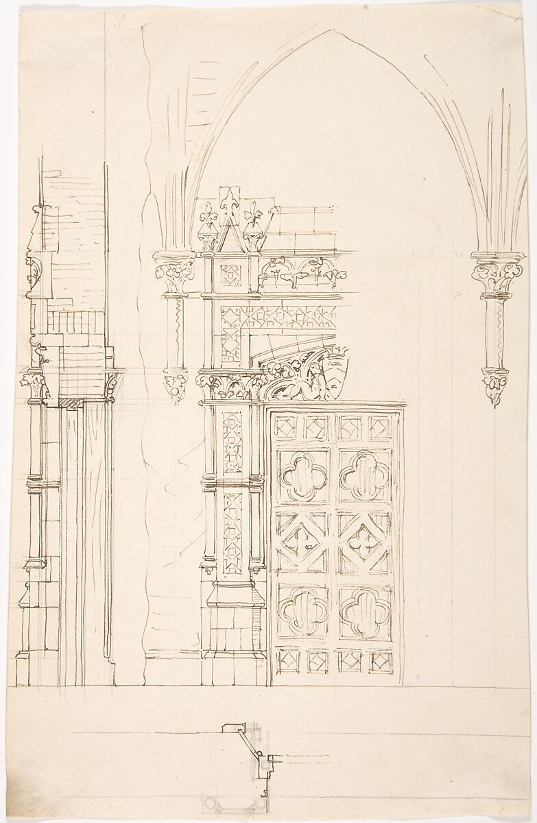 Design for a Gothic Wall and Door, Anonymous, British, 19th century, Pen and brown ink 