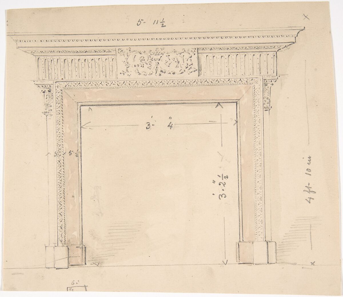 Design for a Fireplace, Anonymous, British, 19th century, Pen and ink and watercolor 