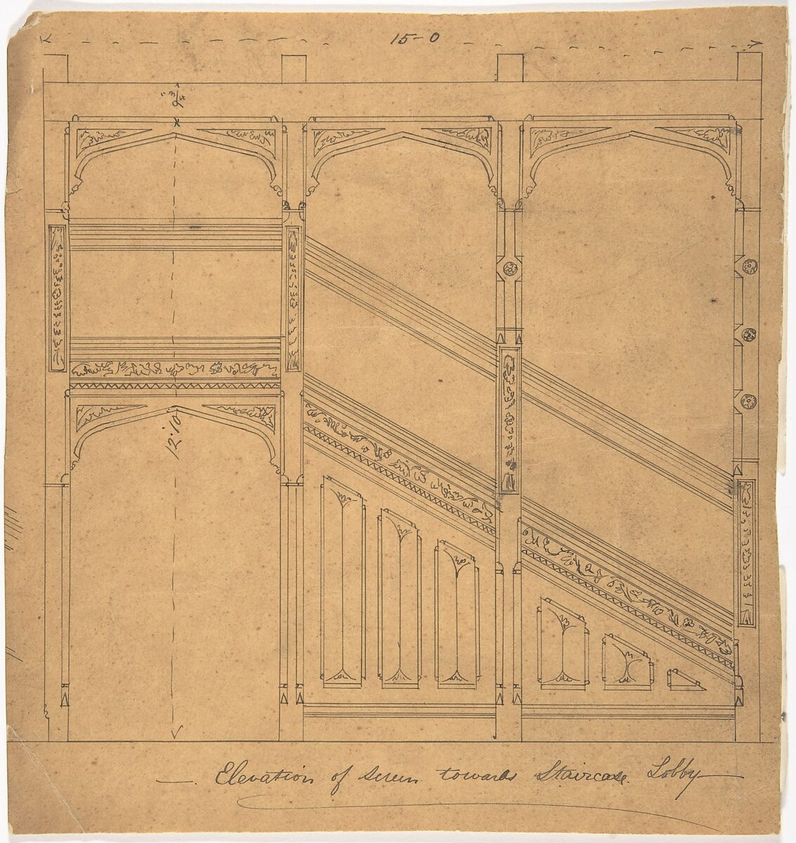 Staircase Lobby Design, Anonymous, British, 19th century, Pen and ink on tracing paper 
