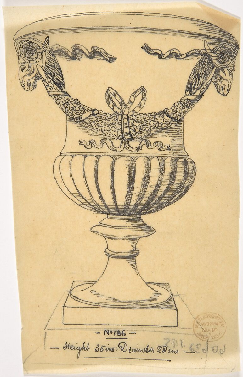 Vase, Anonymous, British, 19th century, Pen and ink on tracing paper 