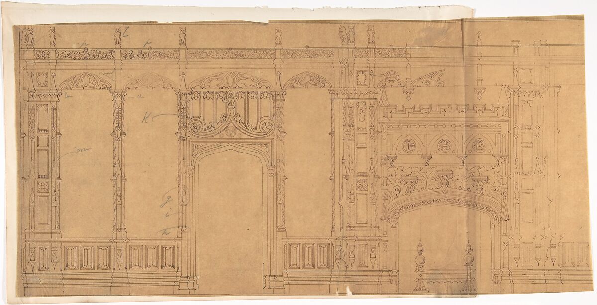 Design for a Gothic Wall Containing a Door and Fireplace, Anonymous, British, 19th century, Pen and ink on tracing paper 