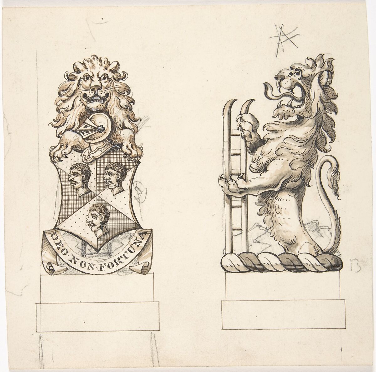 Design for Heraldic Ornament, Anonymous, British, 19th century, Pen and ink, brush and wash 