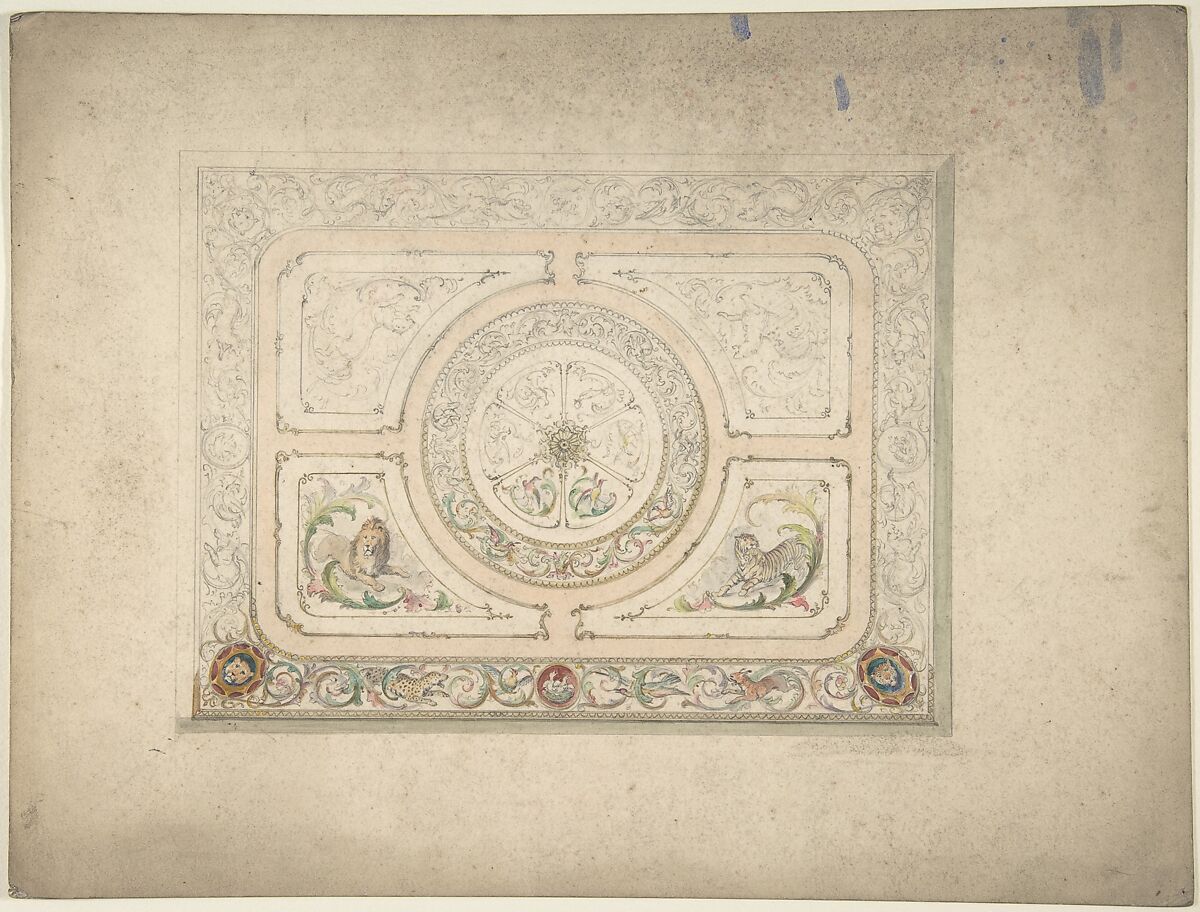 Design for a Ceiling with Lion and Lioness, Anonymous, British, 19th century, Pen and ink and watercolor 