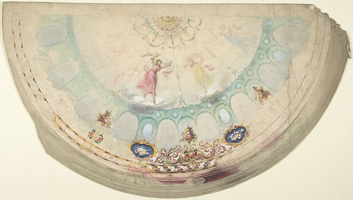 Half of a Circular Ceiling Design with Nymphs, Anonymous, British, 19th century, Pen and ink and watercolor 