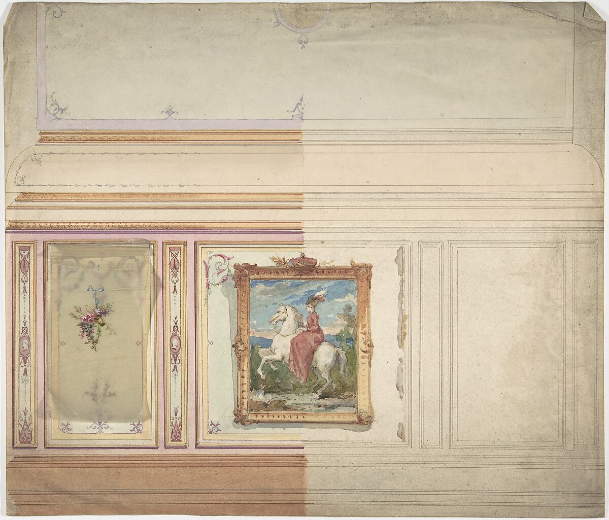 Wall Design including an Equestrienne Portrait, Anonymous, British, 19th century, Pen and ink and watercolor 