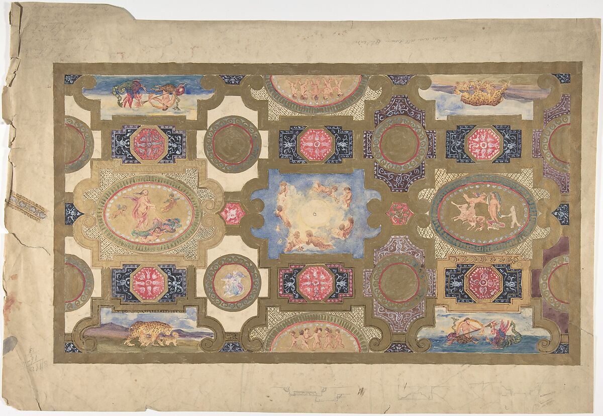 Ceiling Design, Anonymous, British, 19th century, Pen and ink and watercolor and gold 