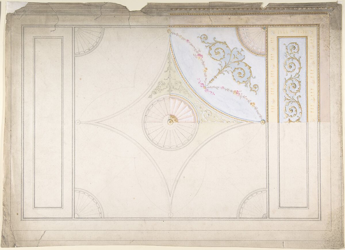 Ceiling Design, Anonymous, British, 19th century, Pen and ink and watercolor 