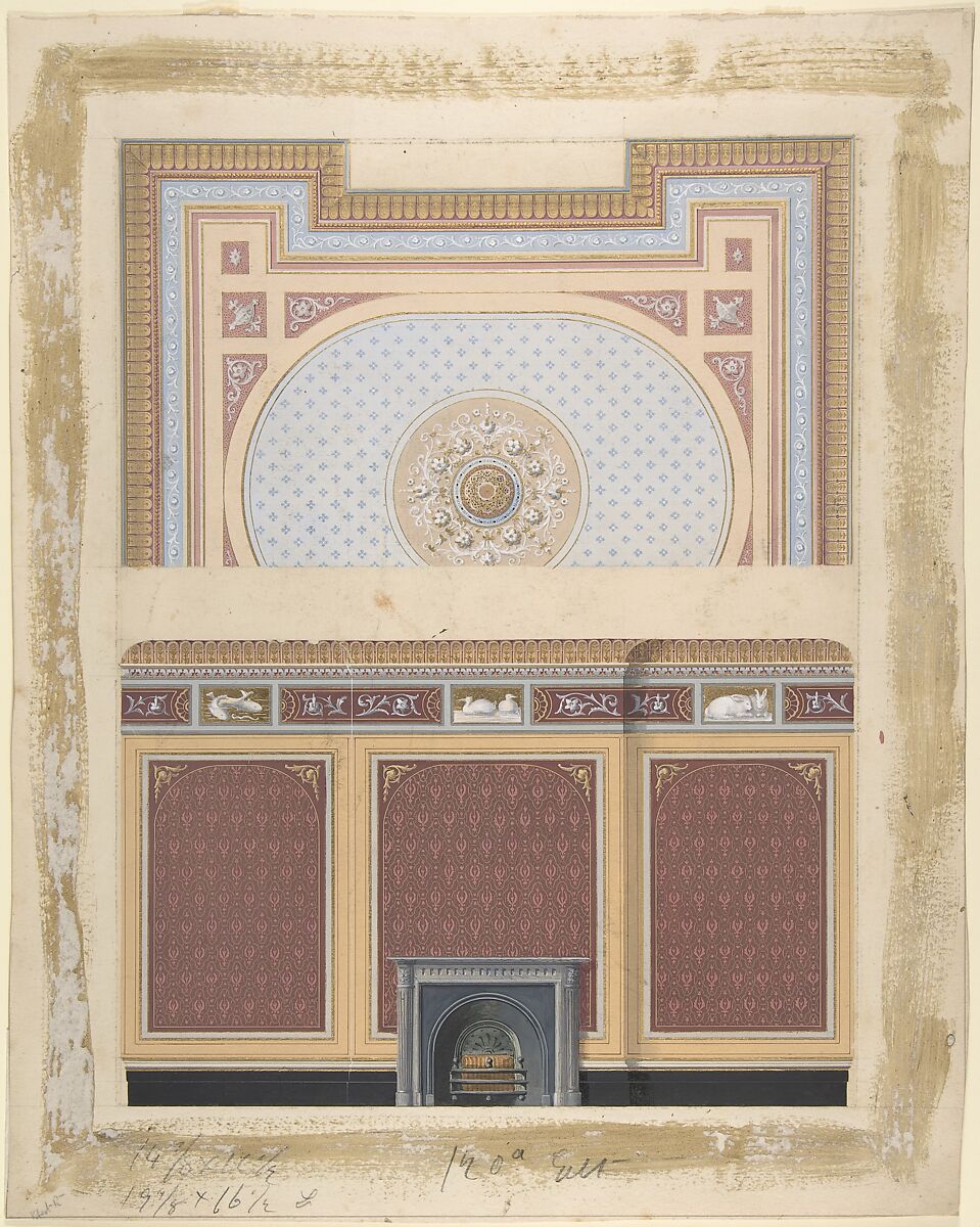 Design for Fireplace Wall and Ceiling, Anonymous, British, 19th century, Watercolor, gouache and gold 