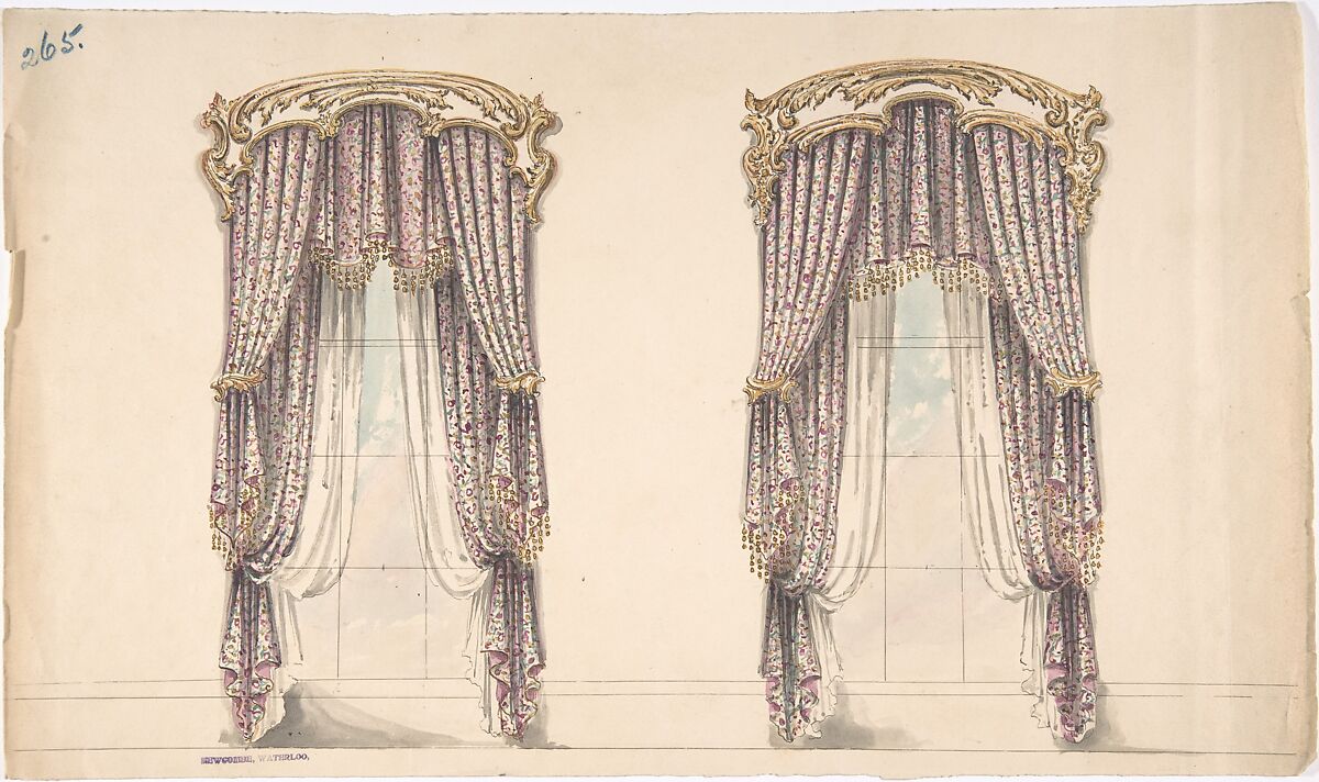 Design for Pink, Mauve and White Floral Curtains with a Gold and White Pediment, Anonymous, British, 19th century, Pen and ink, brush and wash, watercolor 