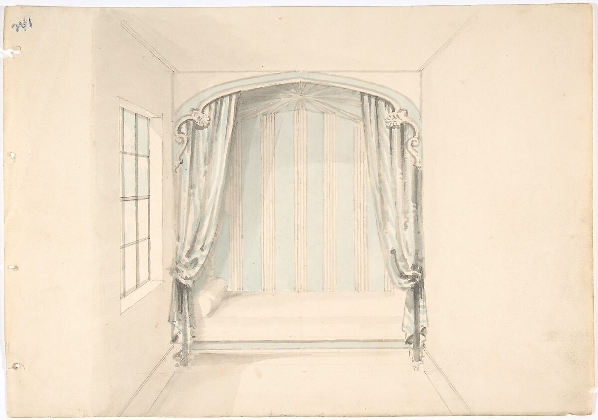 Design for a Canopied Bed with Pale Blue and White Hangings, Anonymous, British, 19th century, Pen and ink, brush and wash, watercolor 