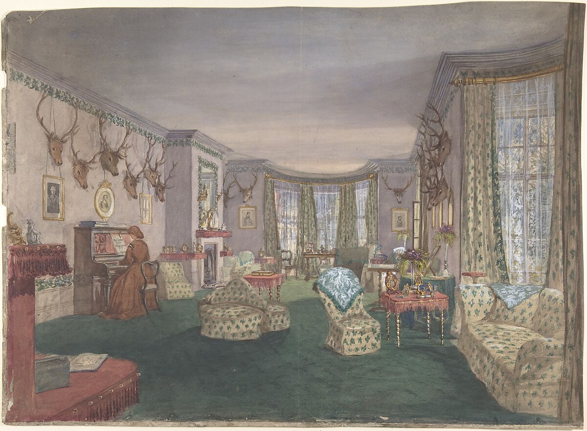 Drawing Room at Mar Lodge, Parish of Craithe and Braemar, Aberdeenshire, Anonymous, British, 19th century, Watercolor 