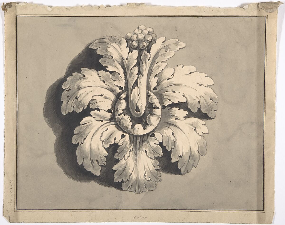 Design for a Boss Carved with Acanthus, Anonymous, British, 19th century, Pen and ink, brush and wash 