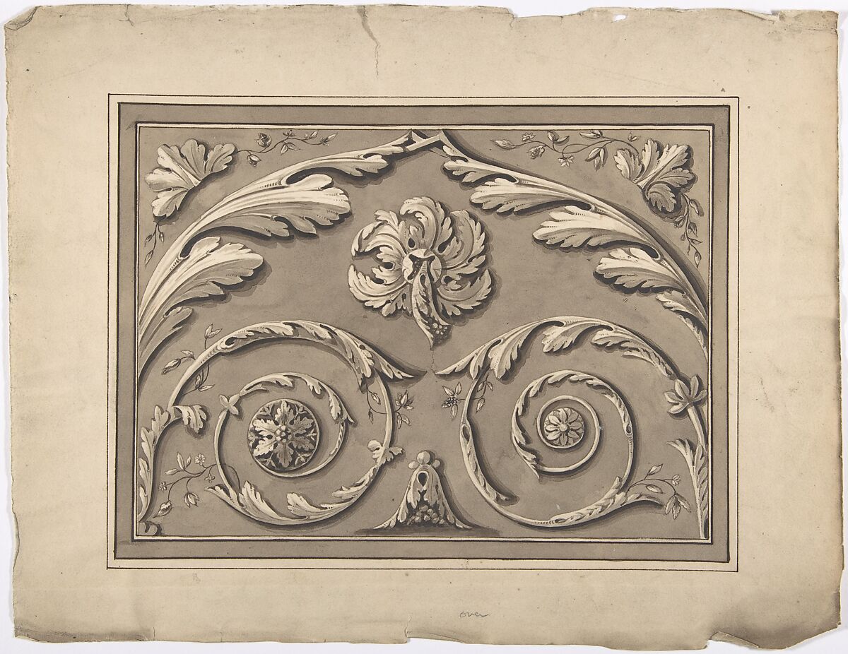 Design for an Oblong Panel Carved with Foliage, Anonymous, British, 19th century, Pen and ink, brush and brown wash 