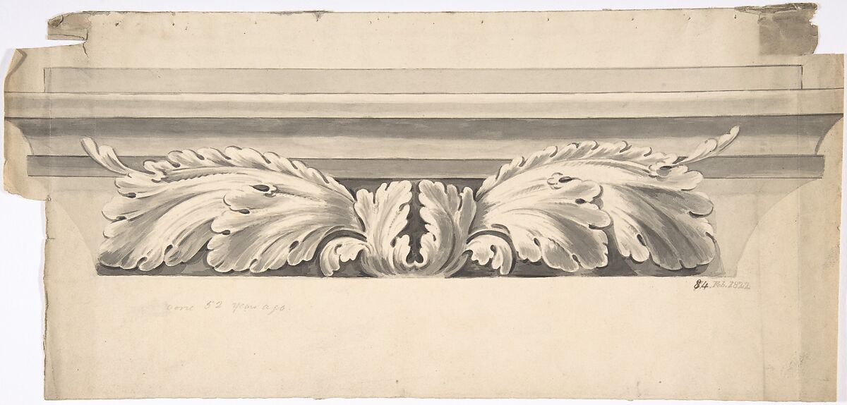 Design for an Entablature Carved with Acanthus, Anonymous, British, 19th century, Pen and ink, brush and wash 