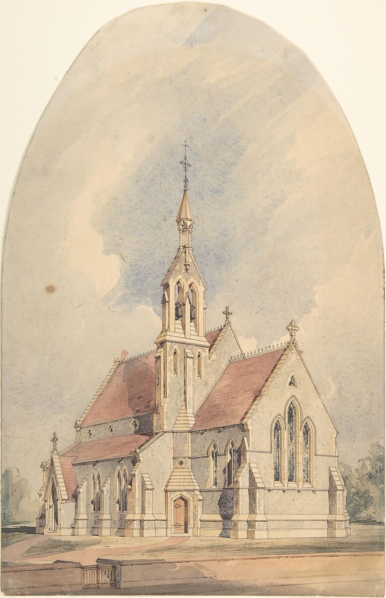 Architectural Rendering of a Gothic Revival Church, Anonymous, British, 19th century, Watercolor 