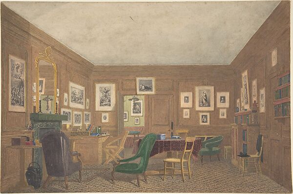 A Scholar's Study at Oxford or Cambridge, The Walls Hung with Framed Prints, Anonymous, British, late 19th to early 20th century, Watercolor and gouache (bodycolor) over graphite 