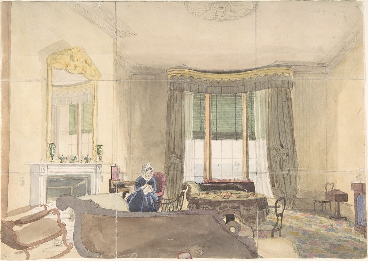 Drawing Room with Seated Woman, Anonymous, British, 19th century, Watercolor 