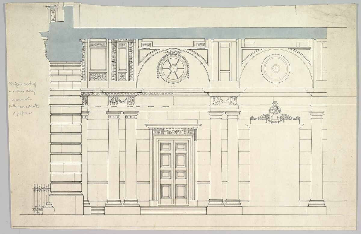 Somerset House, London: Interior Section with Paired Columns and Arched Ceiling, Anonymous, British, 19th century, Pen and ink and watercolor, over graphite 