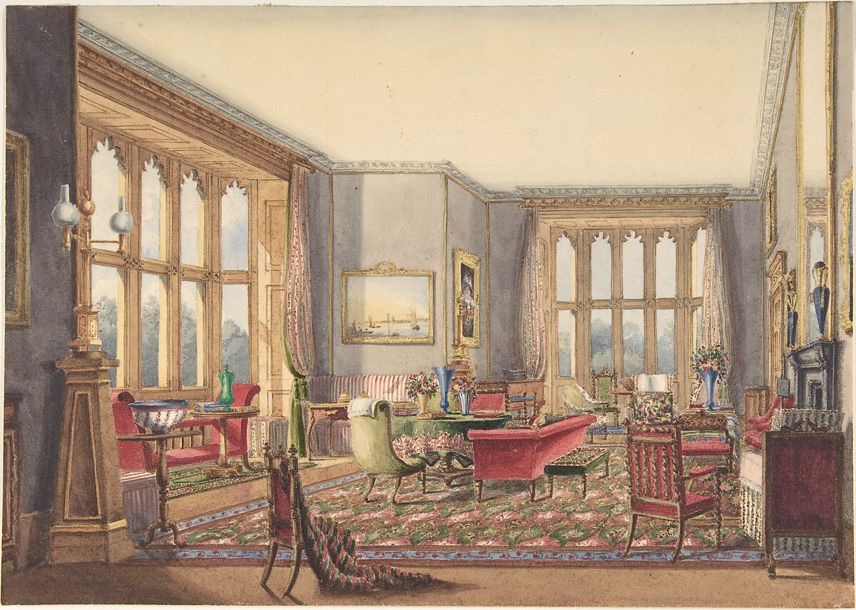 Drawing Room, Guys Cliffe, Warwickshire, Anonymous, British, 19th century, Watercolor 