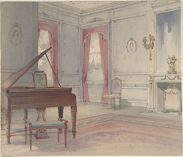 View of a Living Room with Piano, Anonymous, British, 20th century, Watercolor 