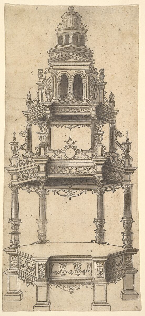 Hexagonal Raised Platform with an Architecturally-Shaped Canopy, Anonymous, French, 16th century, Etching with gray wash 
