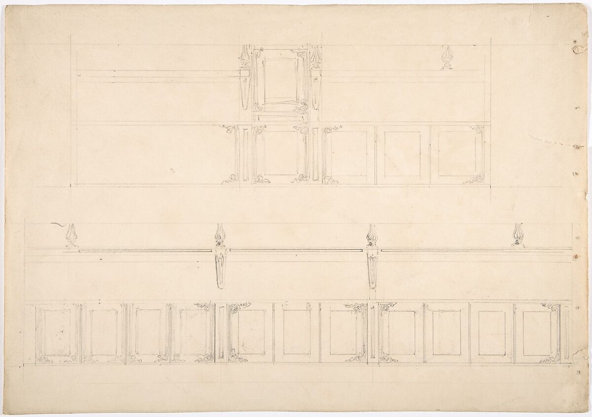 Paneling and Benches (Verso: sketch of a Desk), Anonymous, British, 19th century, Graphite 